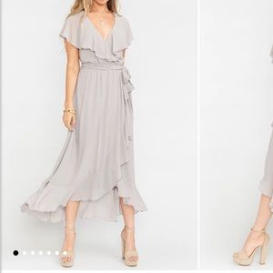 Show me your Mumu Jess ruffle midi dress dove grey
